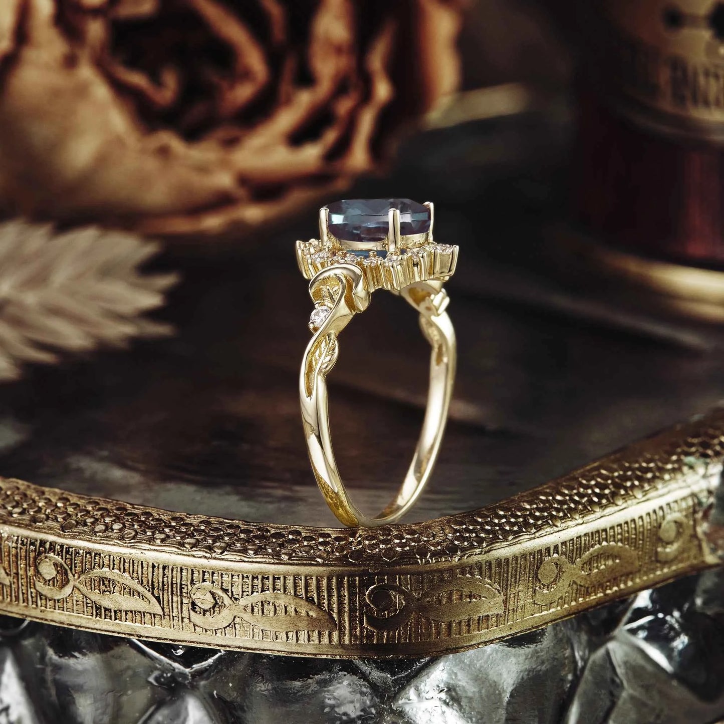 Vintage Pear Cut Alexandrite Nature Inspired Halo Engagement Ring