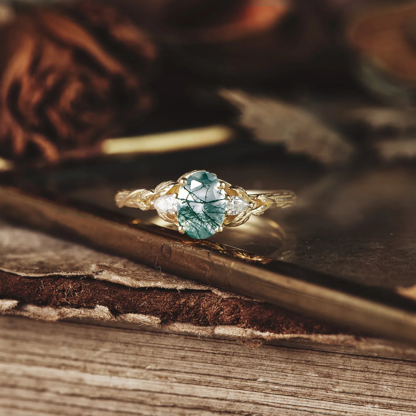 Three-Stone Moss Agate and Moissanite Ring