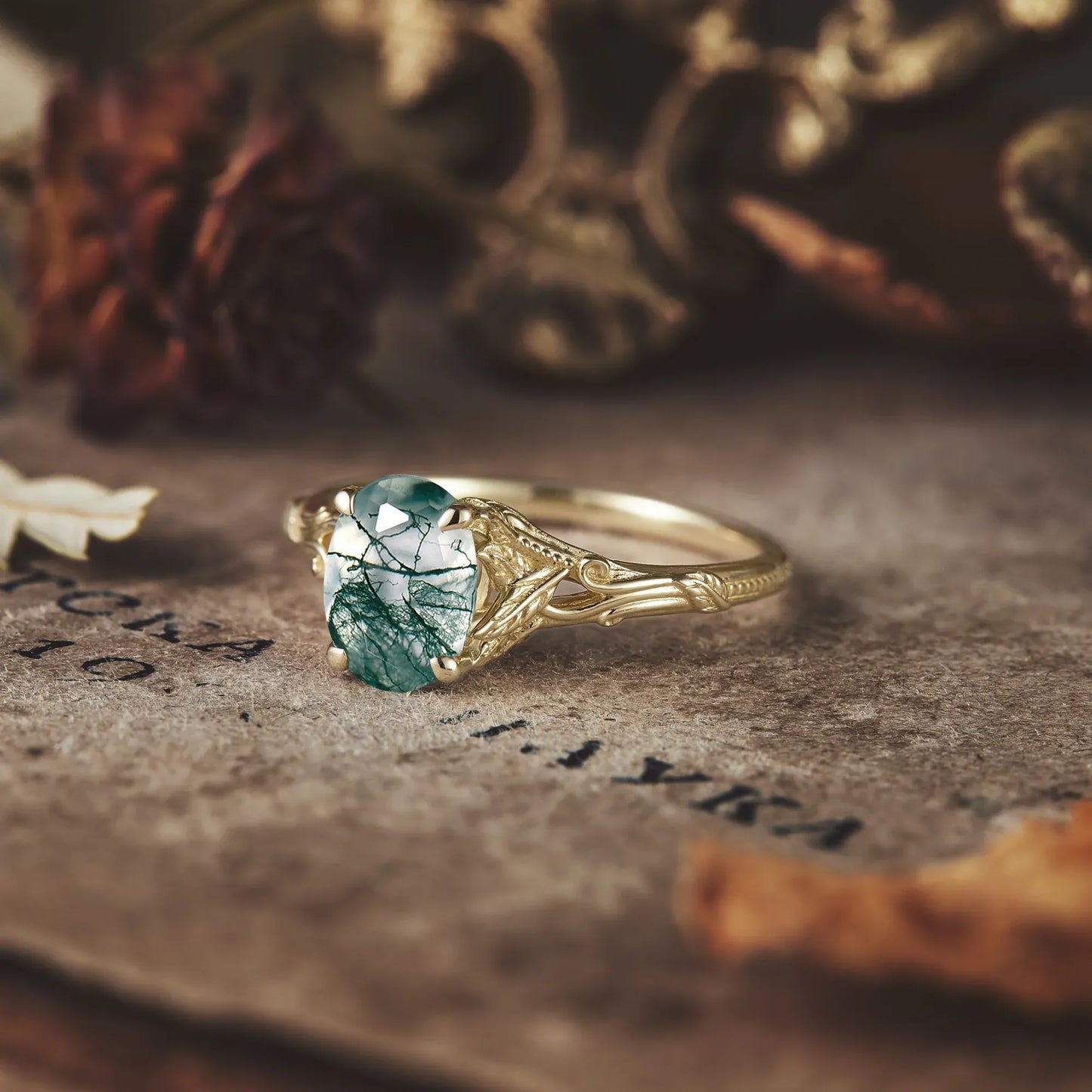 Oval Cut Moss Agate Leaf and Filigree Ring
