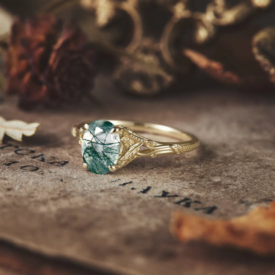 Oval Cut Moss Agate Leaf and Filigree Ring