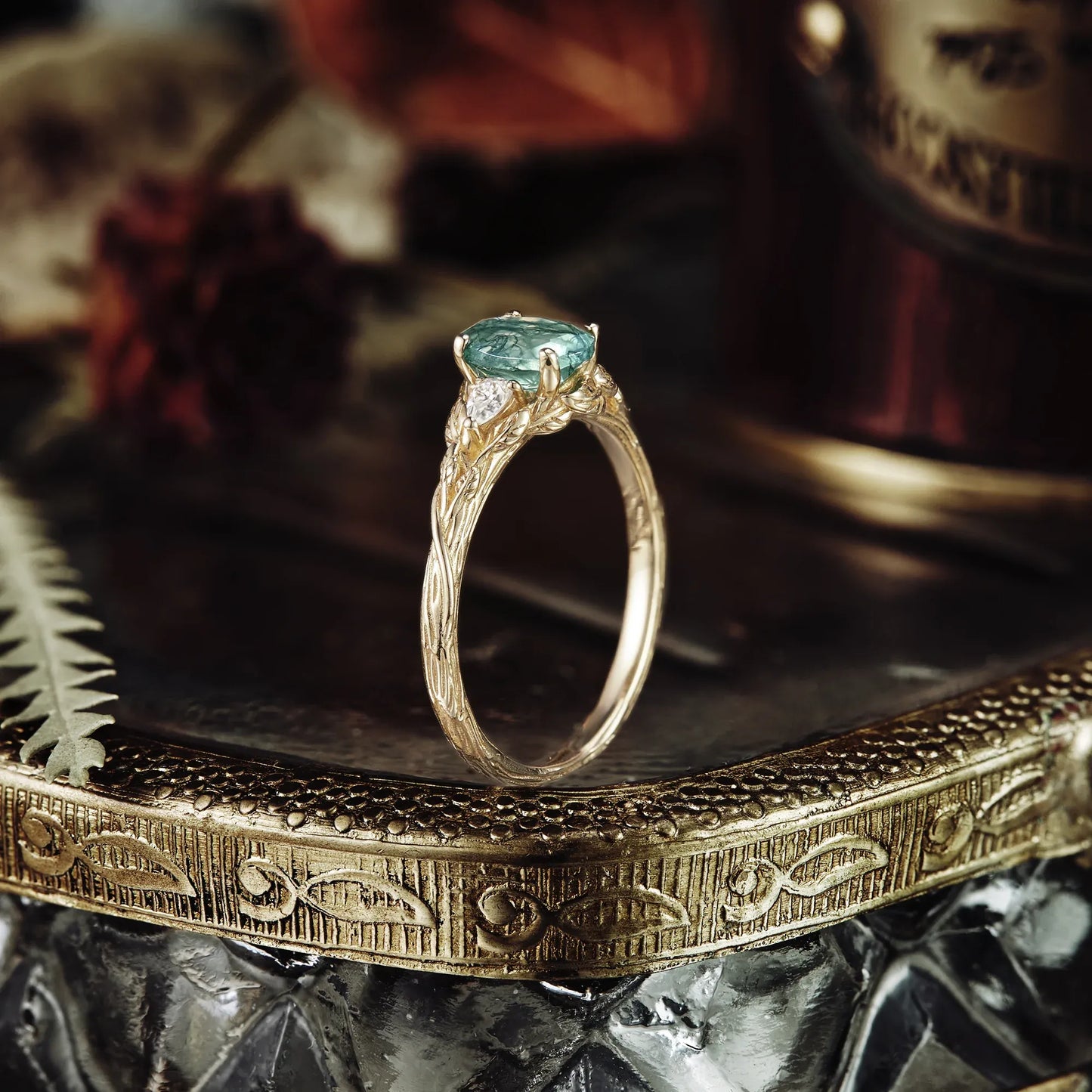 Three-Stone Moss Agate and Moissanite Ring