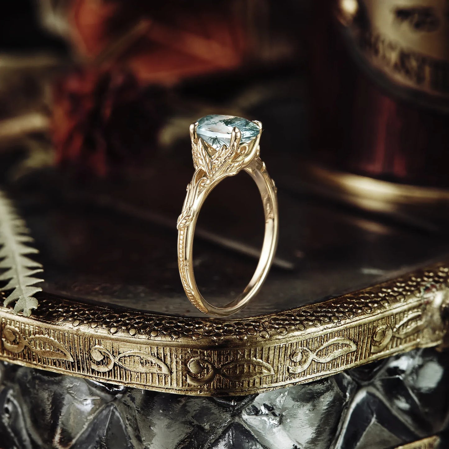 Oval Cut Moss Agate Leaf and Filigree Ring