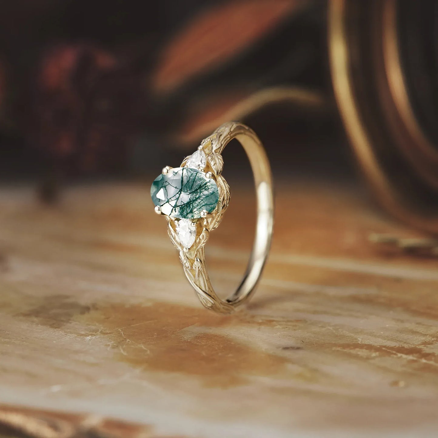 Three-Stone Moss Agate and Moissanite Ring