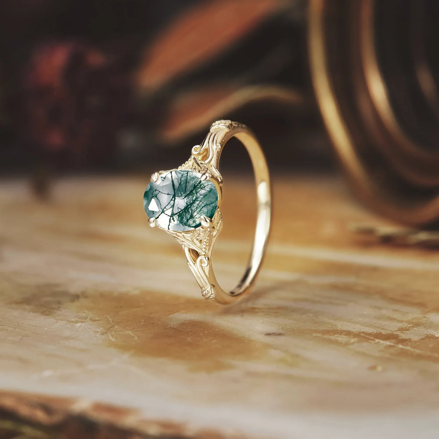 Oval Cut Moss Agate Leaf and Filigree Ring