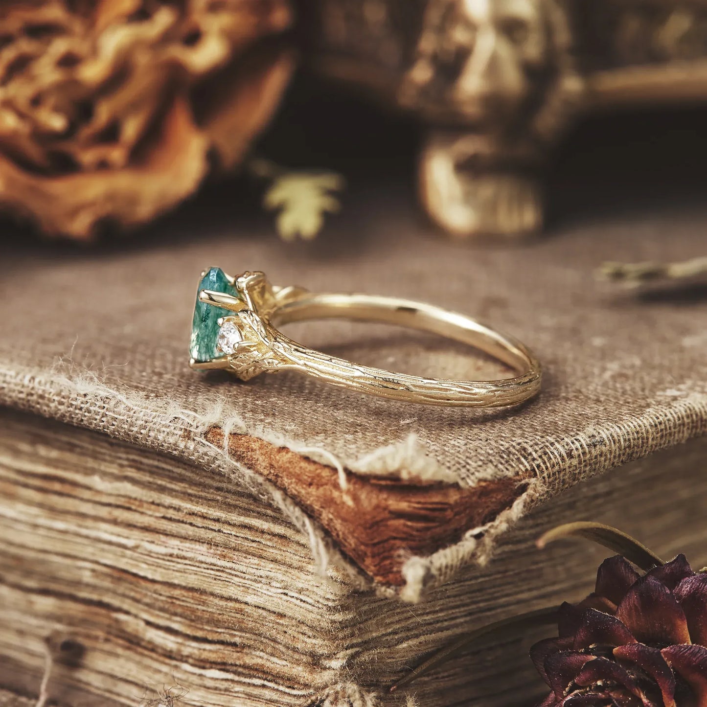Three-Stone Moss Agate and Moissanite Ring