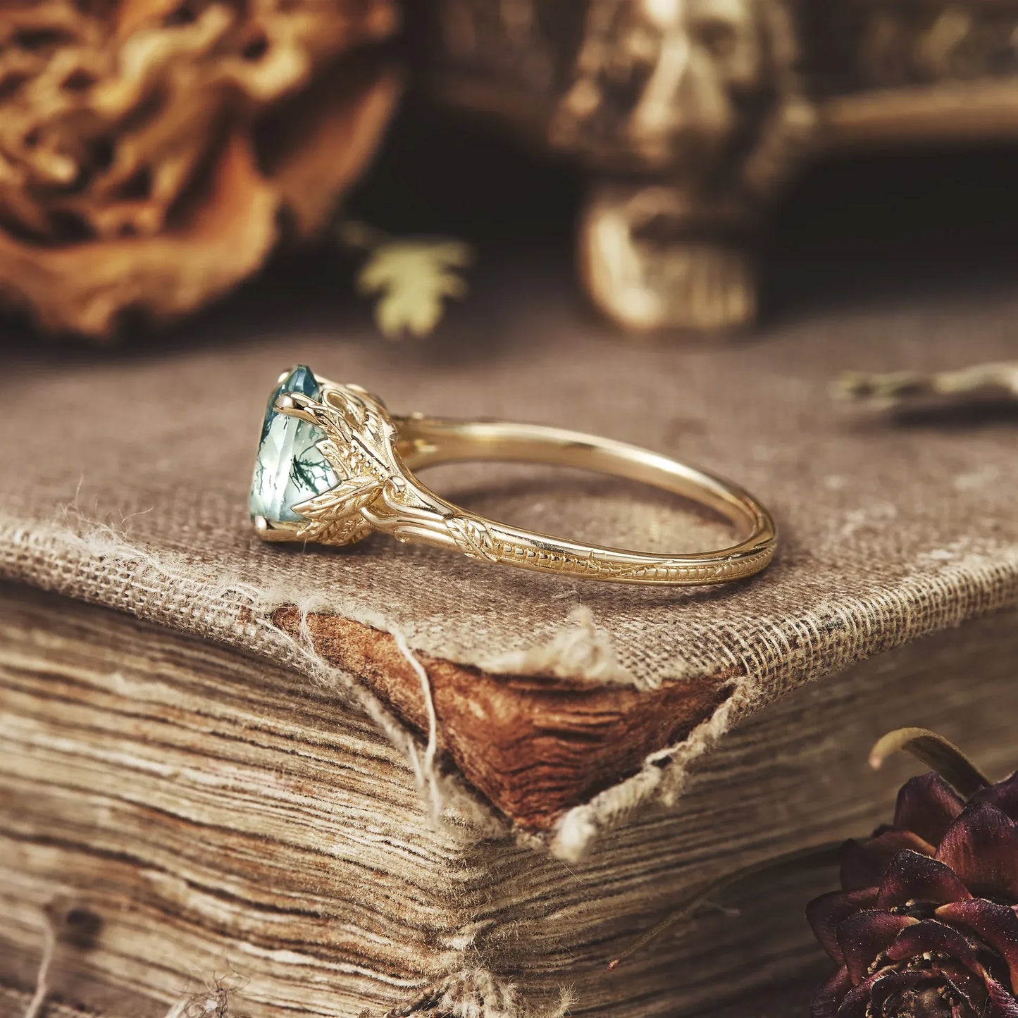 Oval Cut Moss Agate Leaf and Filigree Ring