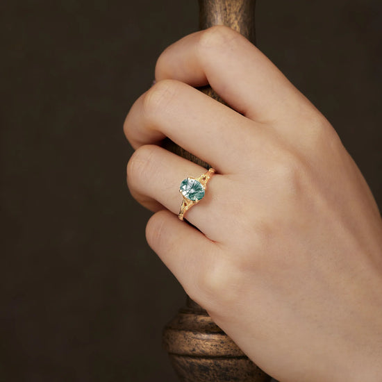 Oval Cut Moss Agate Leaf and Filigree Ring