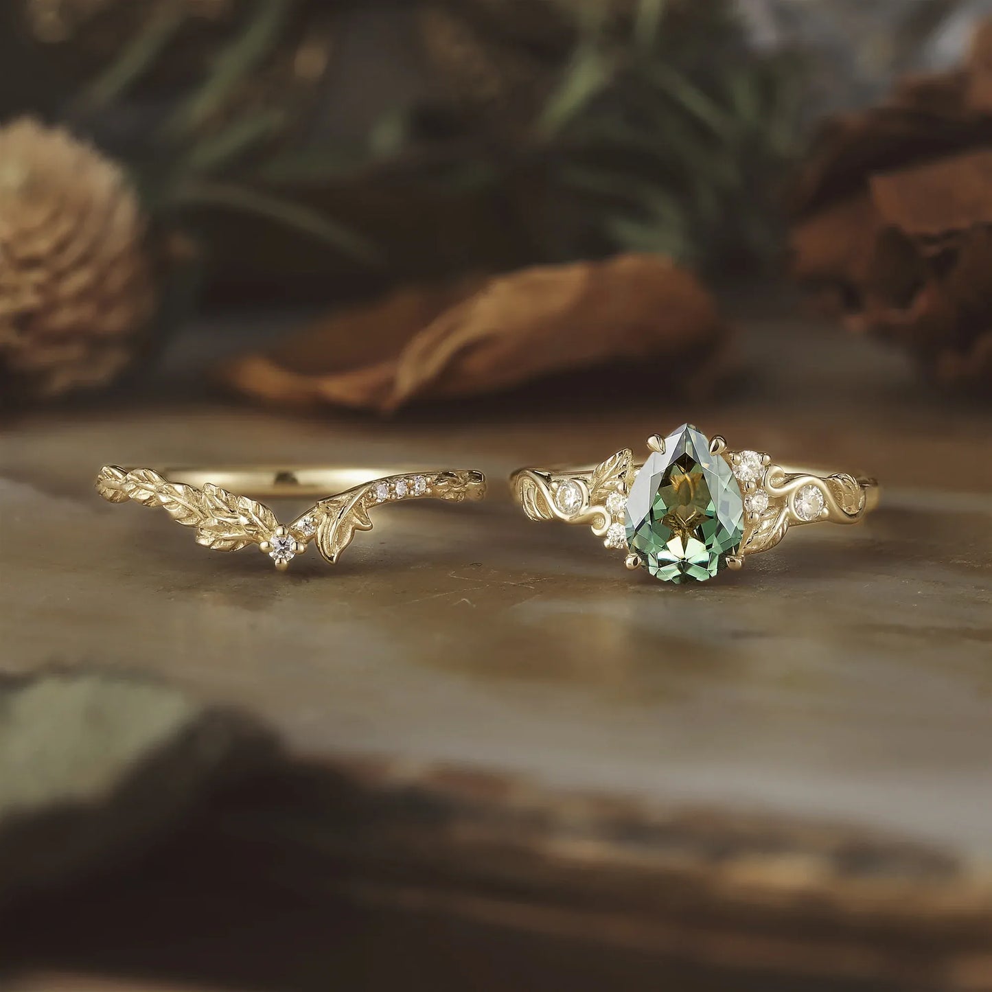 Green Sapphire Leaf Ring Set
