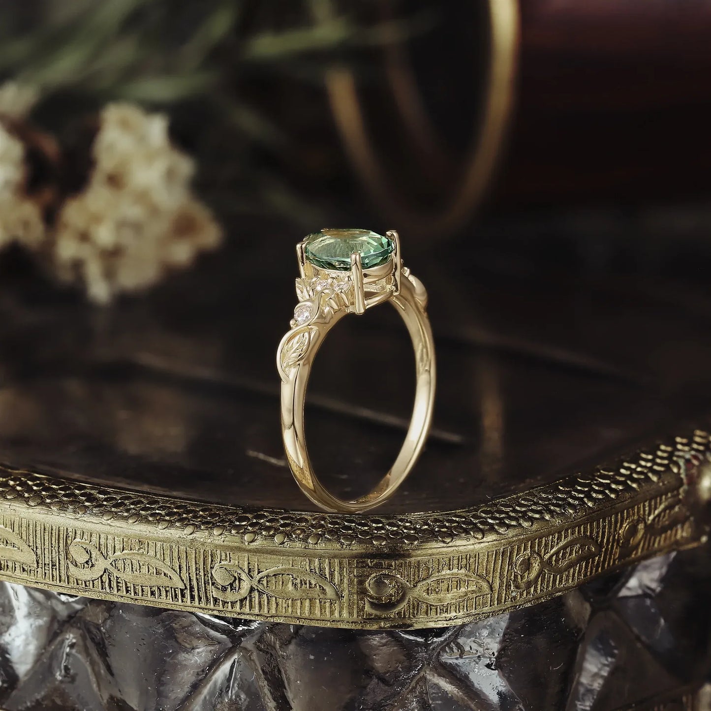 Green Sapphire Leaf Ring