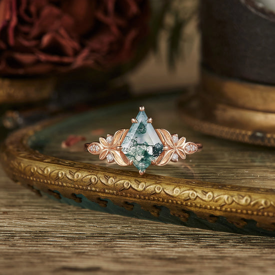 Kite cut moss agate engagement ring 