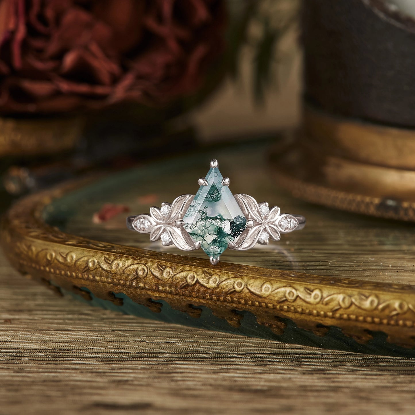 Kite cut moss agate engagement ring 