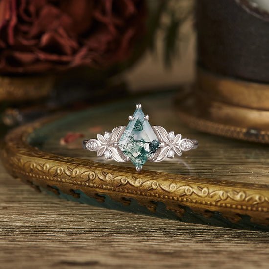 Kite cut moss agate engagement ring 