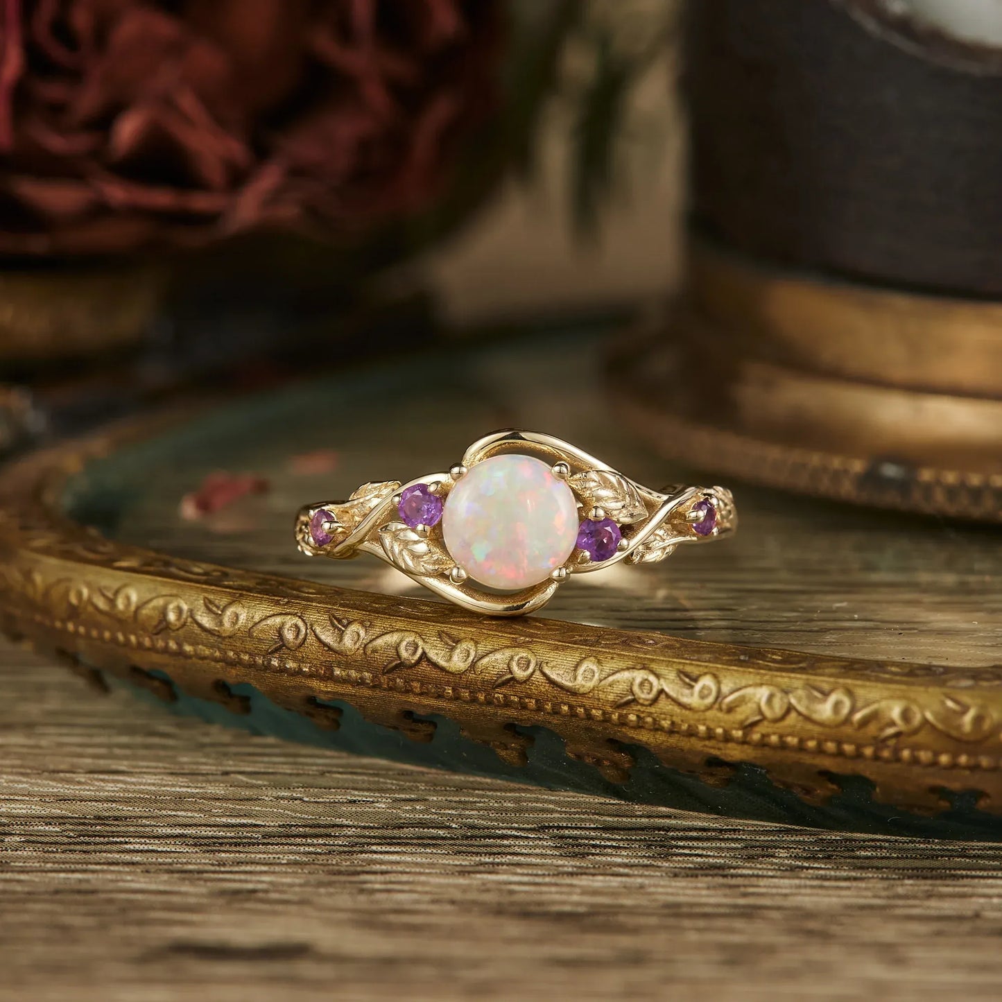 Round Cut Opal Ring with Amethyst