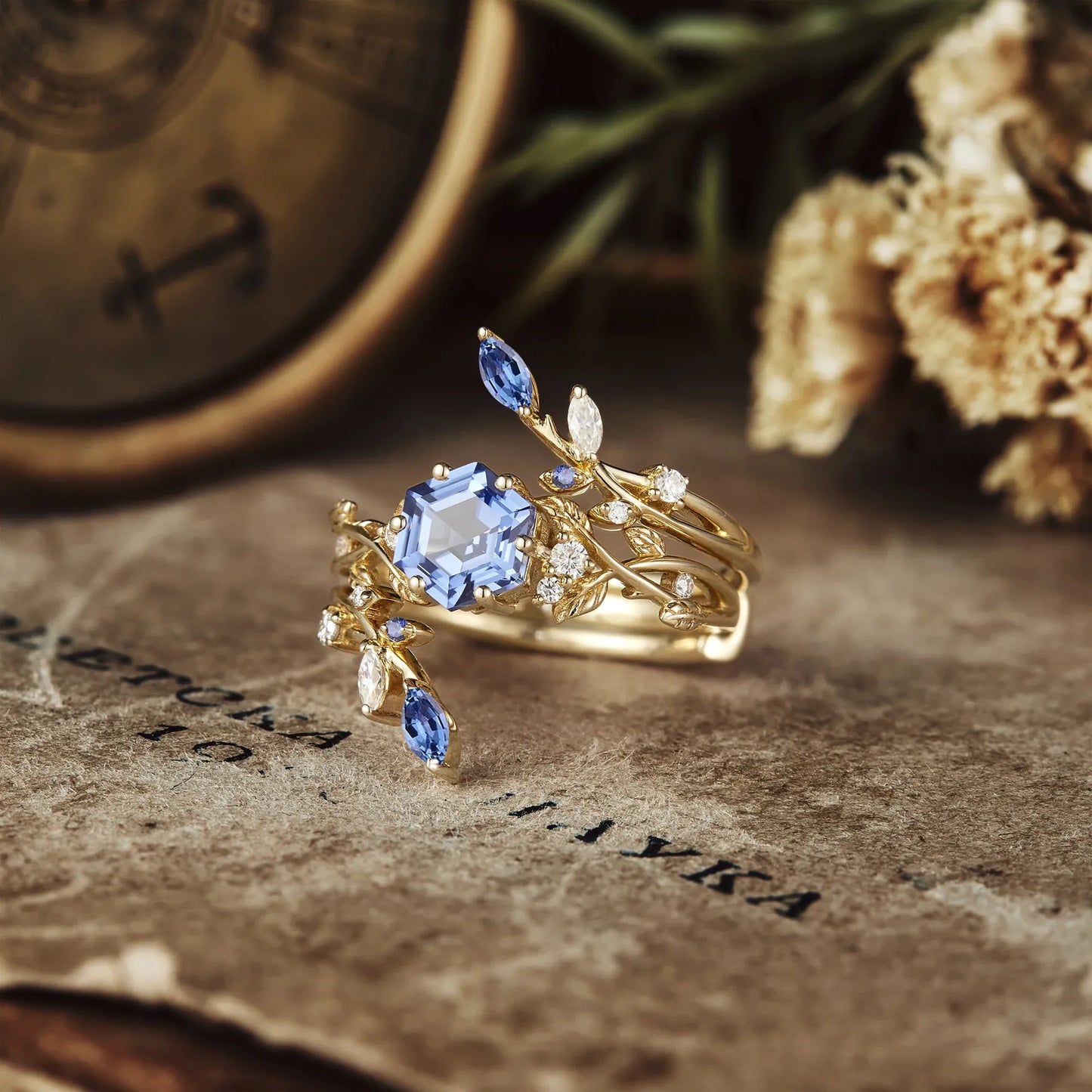 Hexagon Sapphire Vine Ring Set