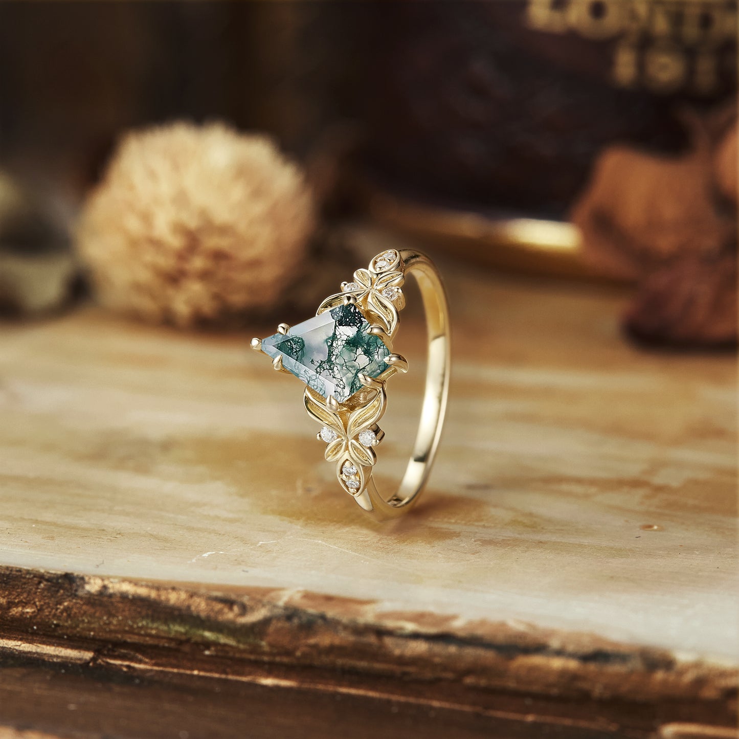 Moss agate kite cut engagement ring with floral gold band and accents