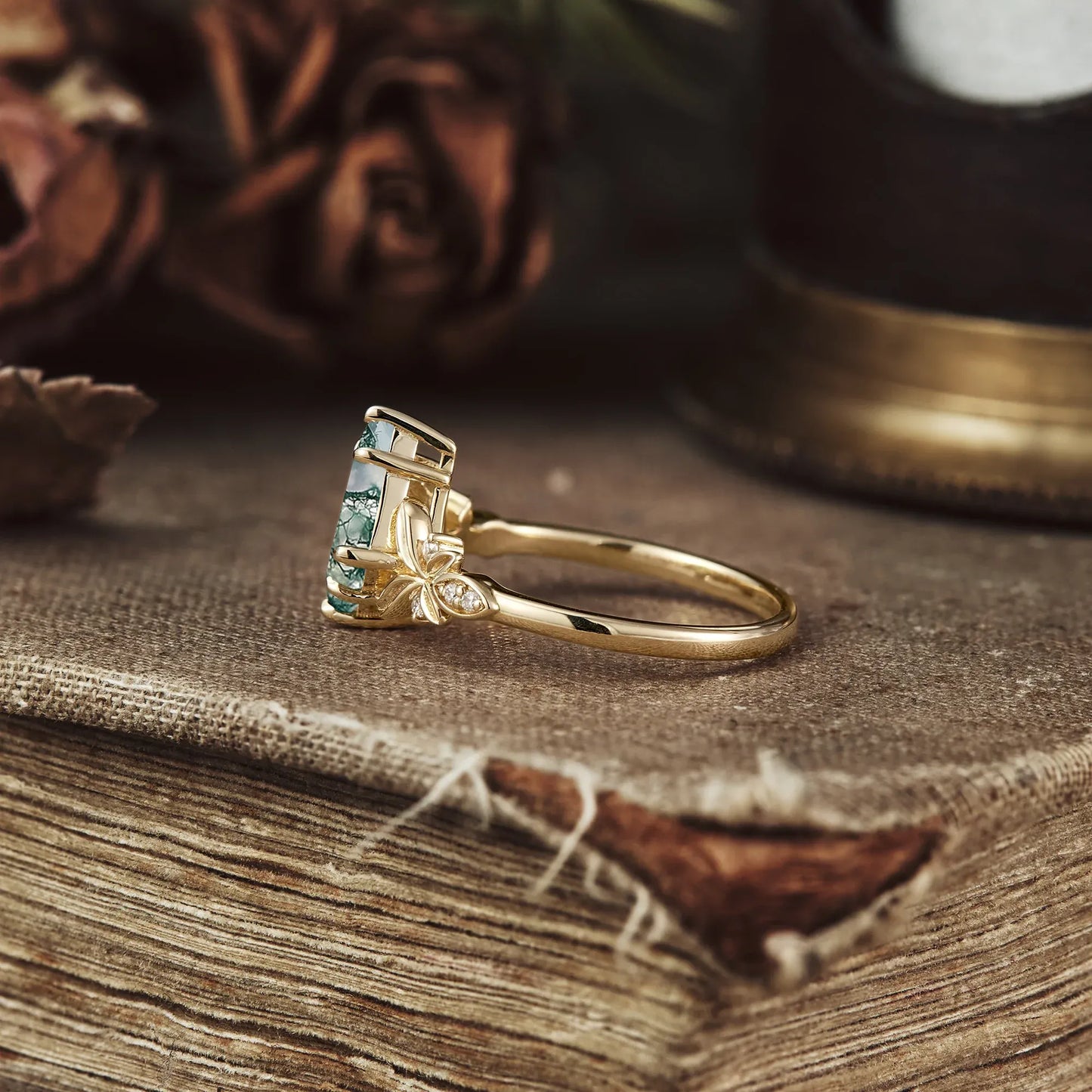 Kite Cut Moss Agate Engagement Ring