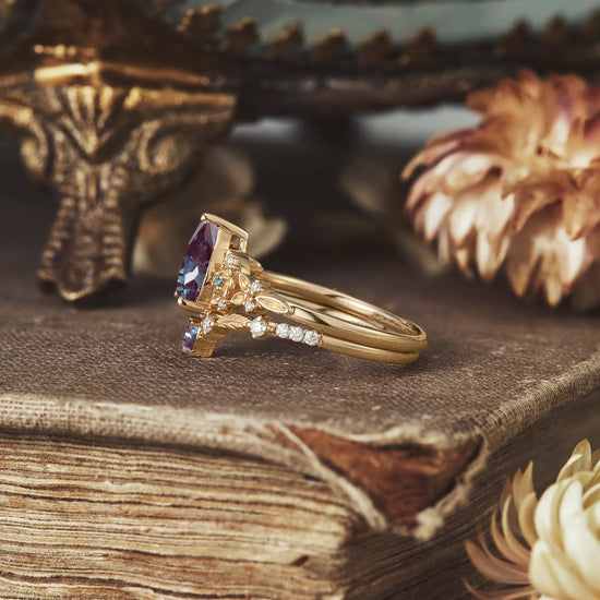 Pear Alexandrite Flower Ring Set