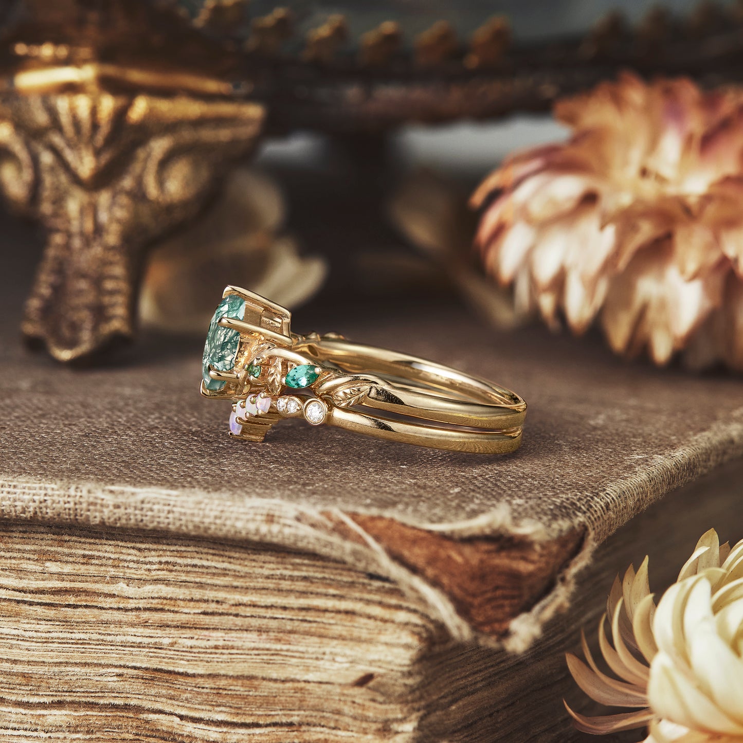 Hexagon moss agate ring with emerald and opal on gold band, rustic aesthetic