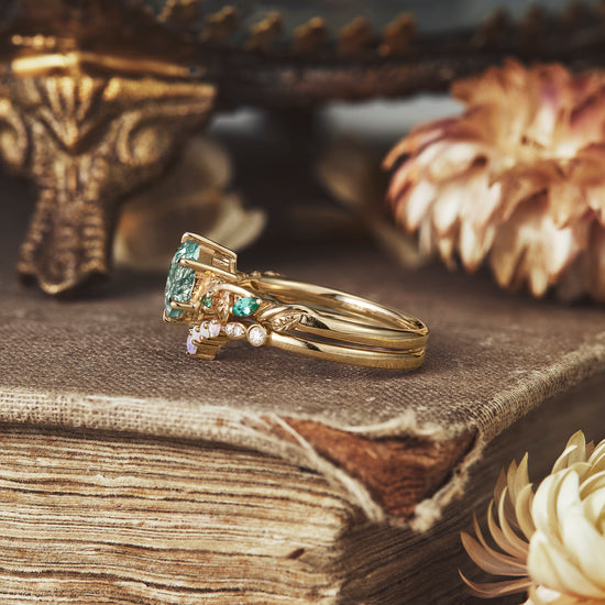 Hexagon moss agate ring with emerald and opal on gold band, rustic aesthetic