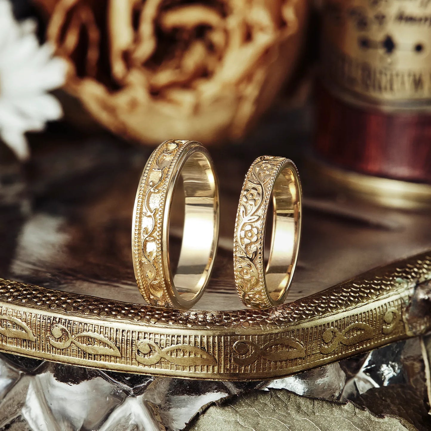 Leaves & Flowers Couple Rings