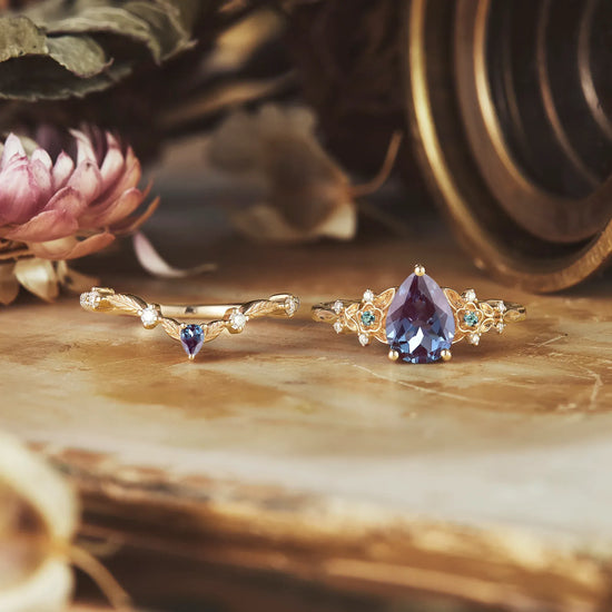 Pear Alexandrite Flower Ring Set