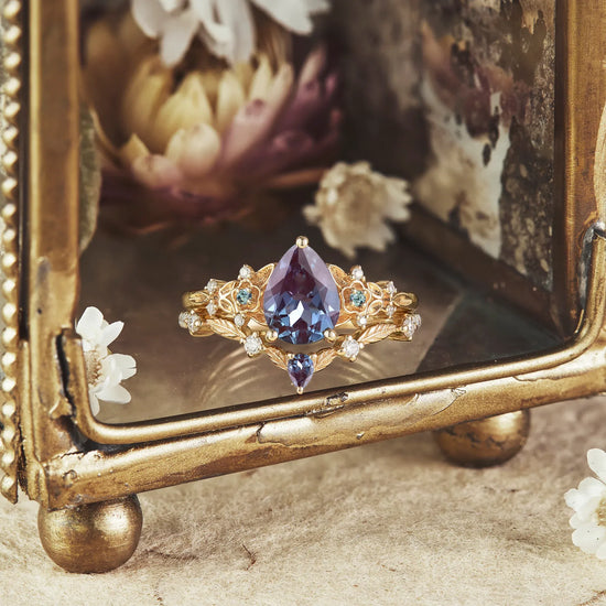 Pear Alexandrite Flower Ring Set