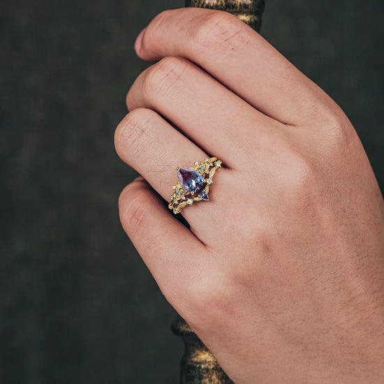 Pear Alexandrite Flower Ring Set