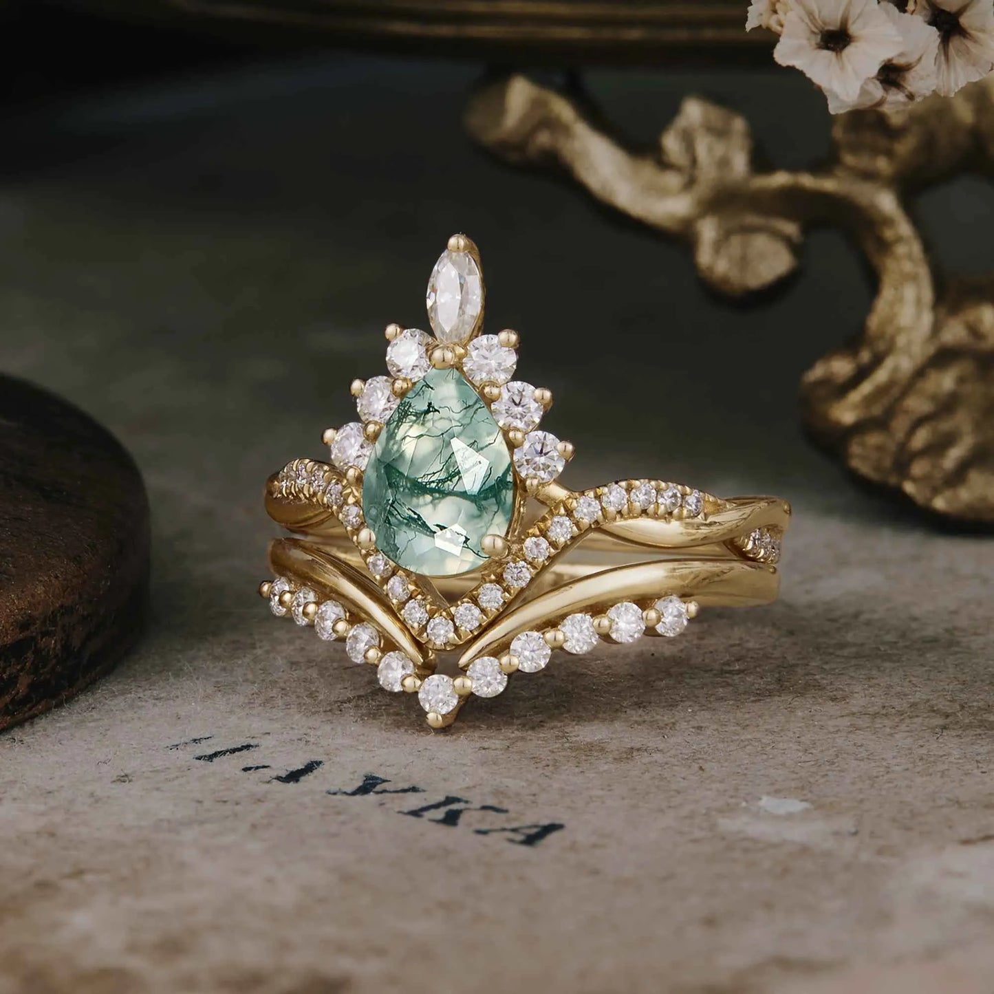 Crown Inspired Moss Agate Ring Set