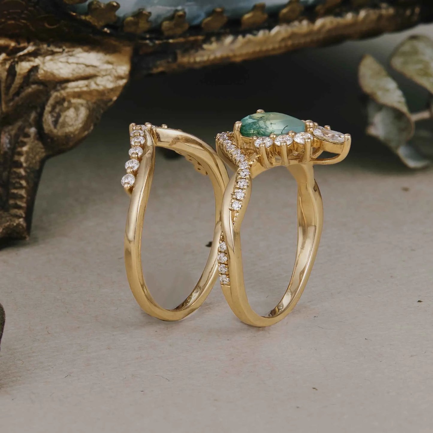 Crown Inspired Moss Agate Ring Set