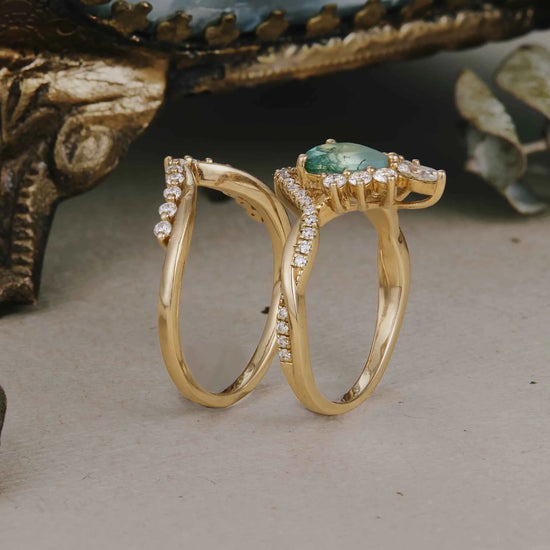 Crown Inspired Moss Agate Ring Set