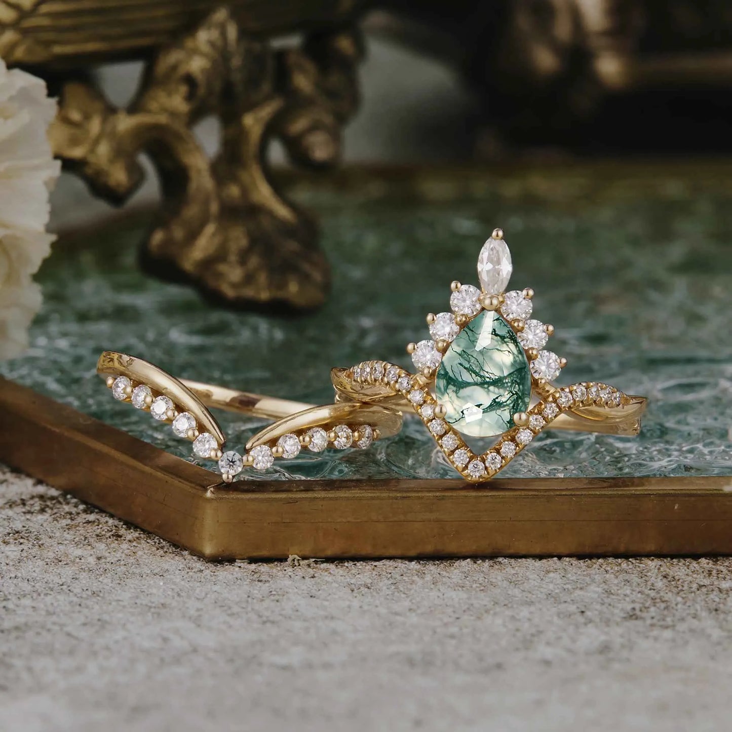 Crown Inspired Moss Agate Ring Set