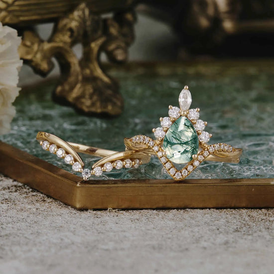 Crown Inspired Moss Agate Ring Set