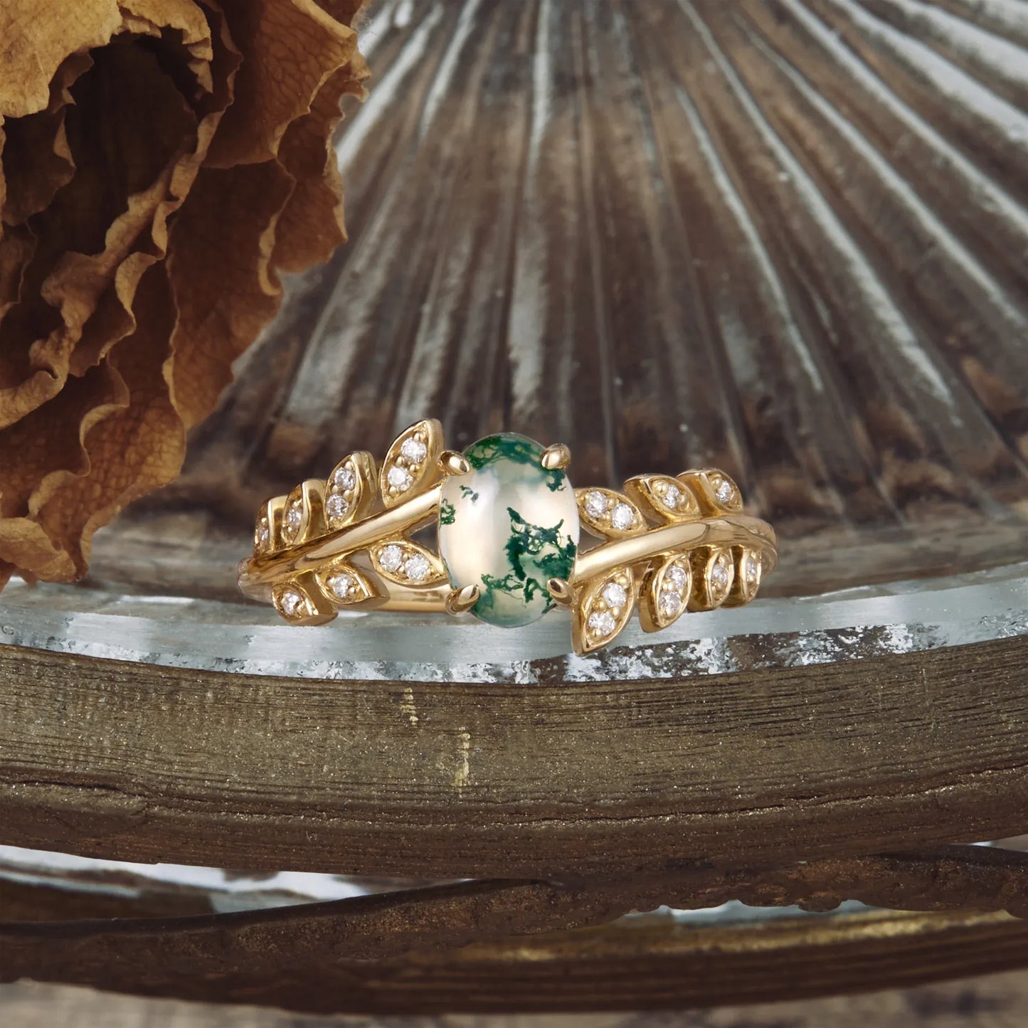 Two - stone - leaf Moss Agate Engagement Ring