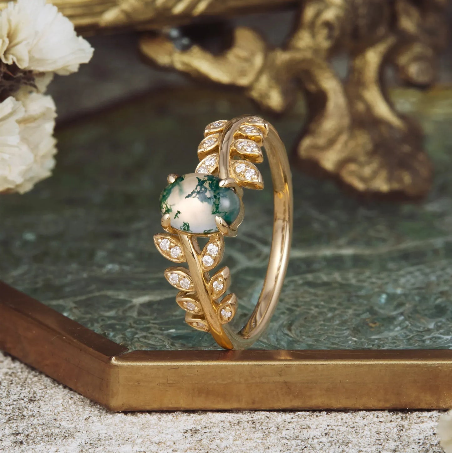 Two - stone - leaf Moss Agate Engagement Ring