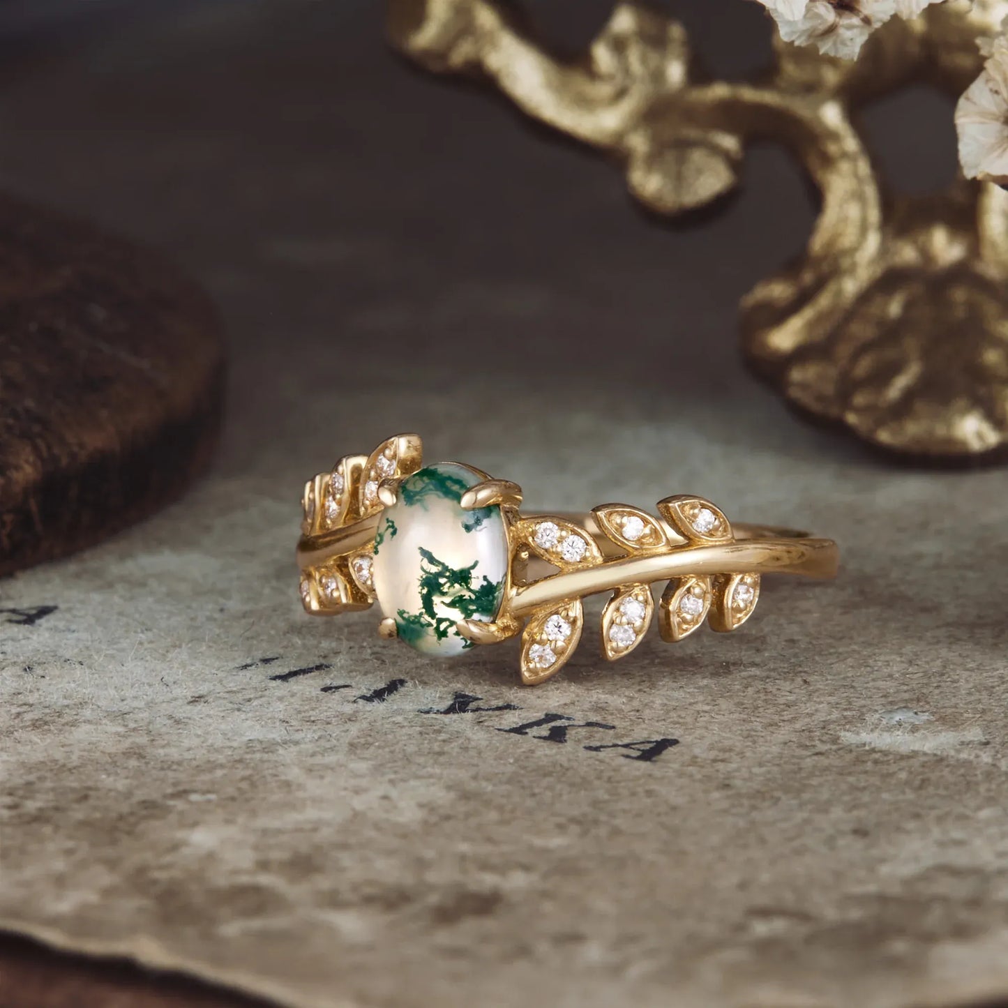 Two - stone - leaf Moss Agate Engagement Ring