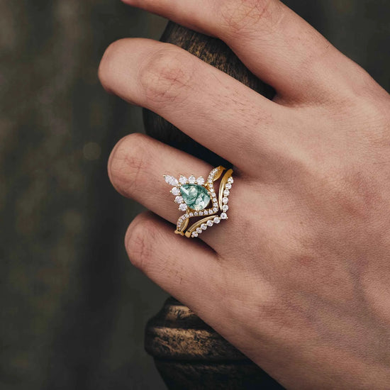 Crown Inspired Moss Agate Ring Set