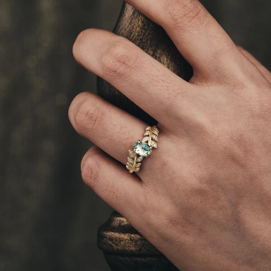 Two - stone - leaf Moss Agate Engagement Ring