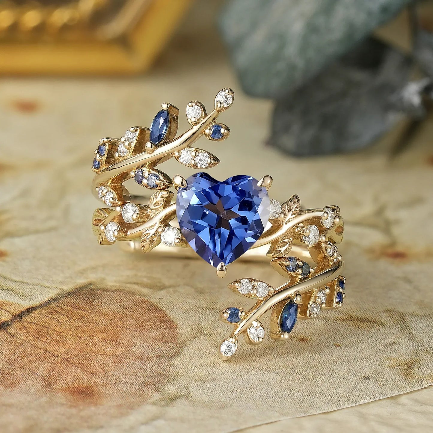 Heart Shaped Cornflower Sapphire Ehancer Ring Set