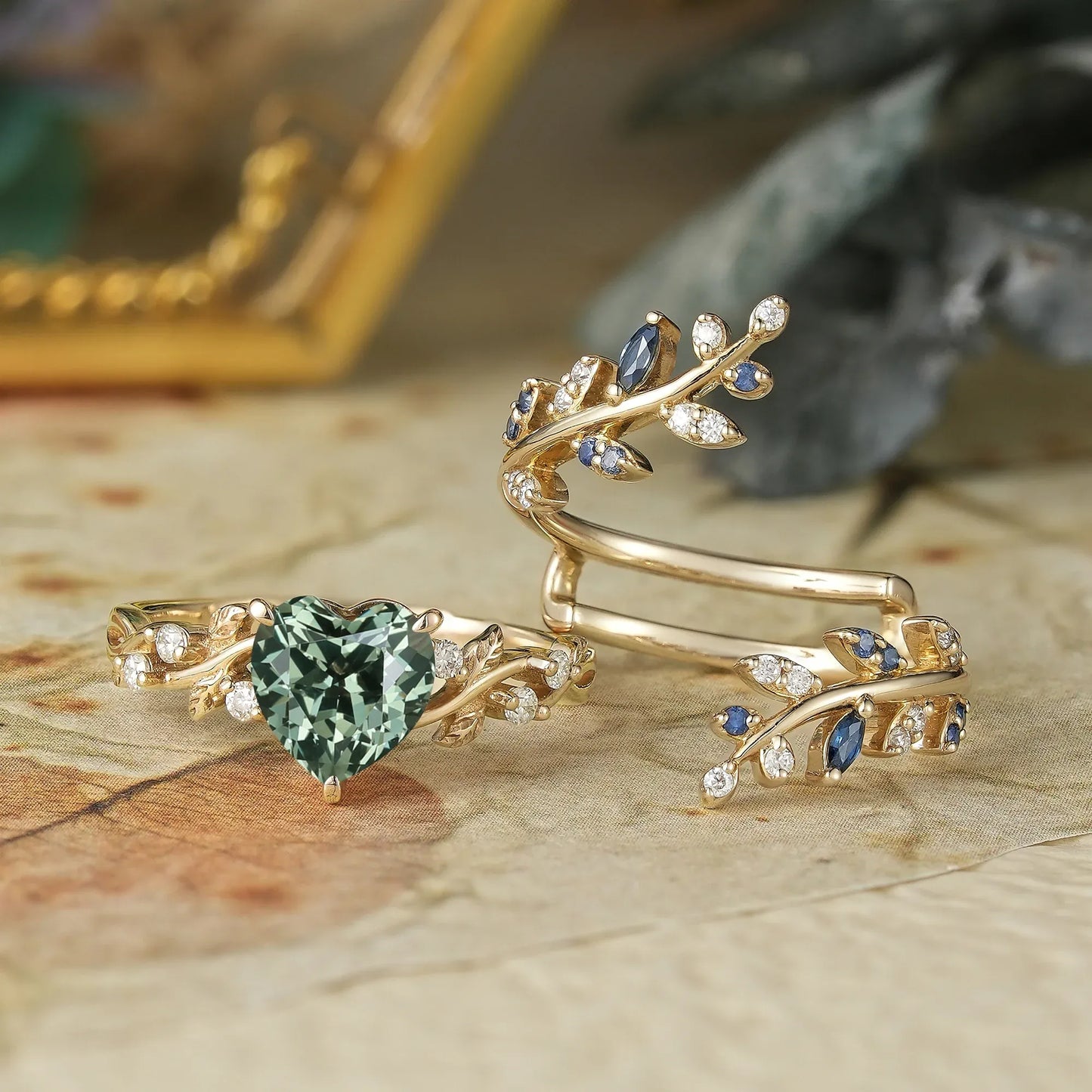Heart Shaped Green Sapphire Ehancer Ring Set