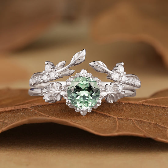 Leaf Inspired Green Sapphire Bridal Set 2pcs-Zora