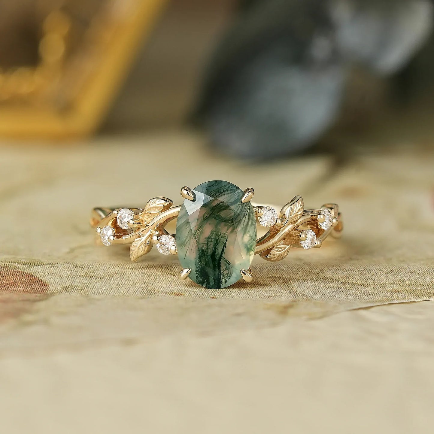 Oval Cut Moss Agate Leaf Engagement Ring