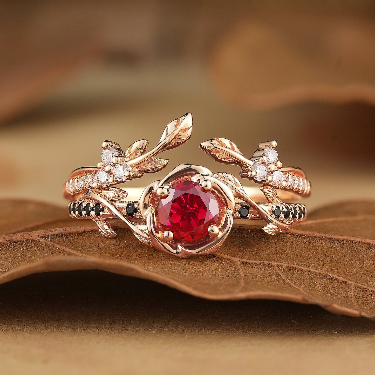 Blooming Rose: Ruby with Black Onyx Ring Set 2pcs- Neriah