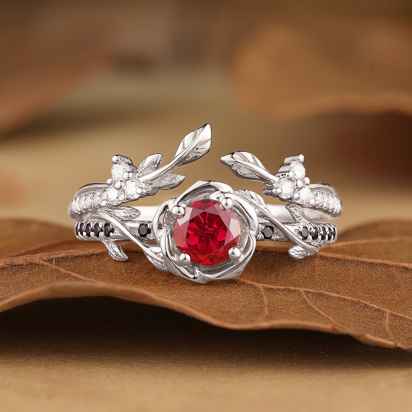 Blooming Rose: Ruby with Black Onyx Ring Set 2pcs- Neriah