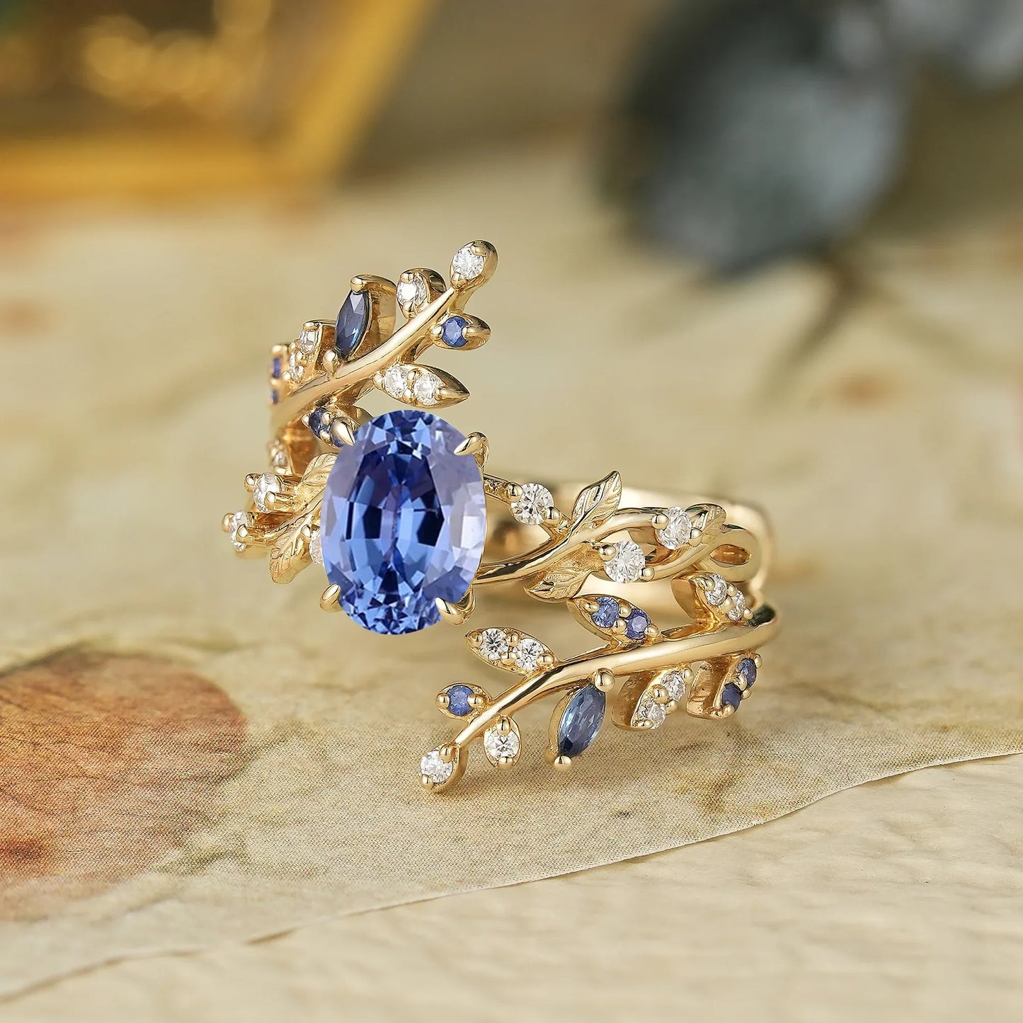 Cornflower Sapphire Cross Leaf Ehancer Ring Set