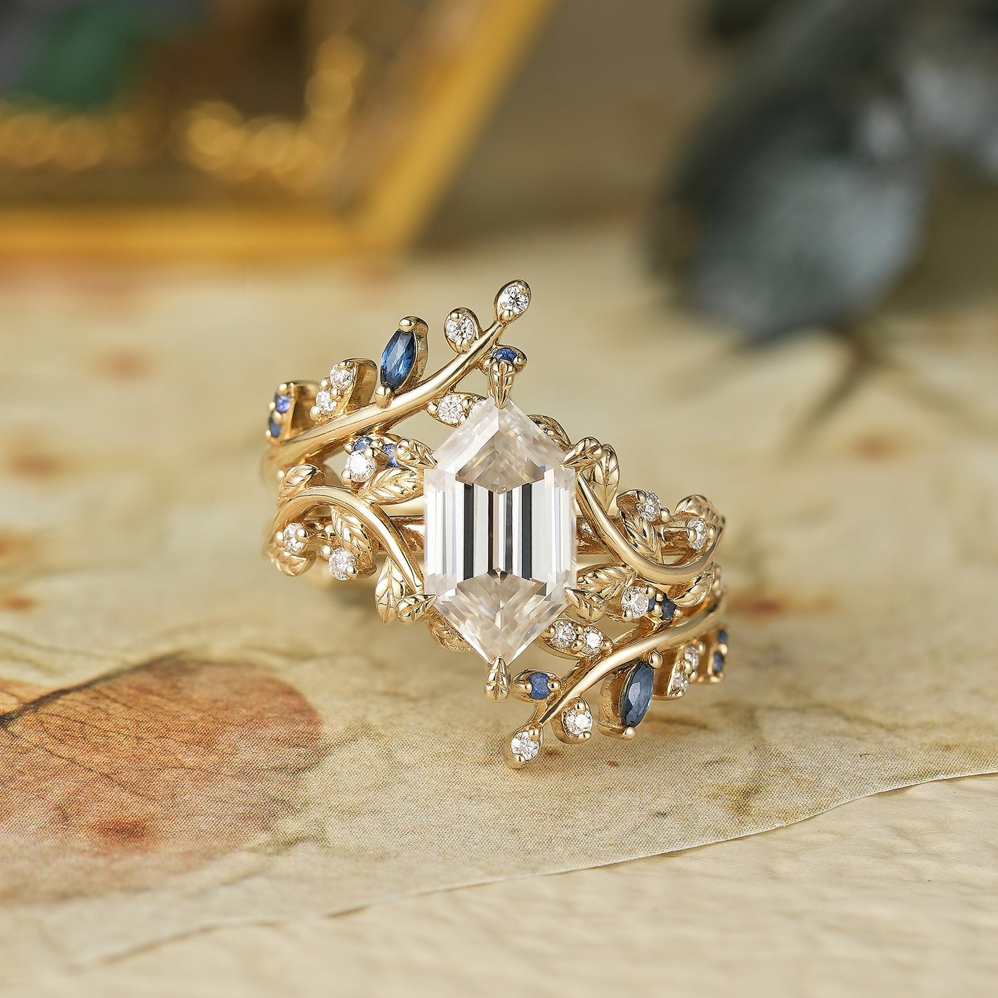 Long-Hexagon-Cut Moissanite Vine Ring with Blue Sapphires - Oriana