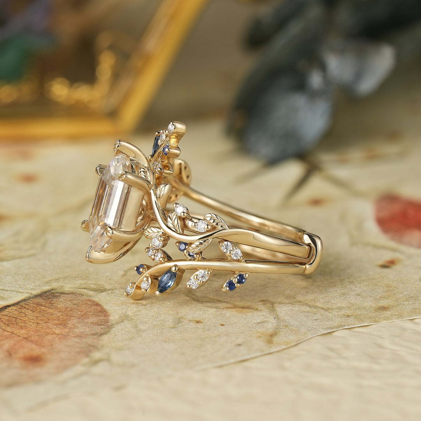 Long-Hexagon-Cut Moissanite Vine Ring with Blue Sapphires - Oriana