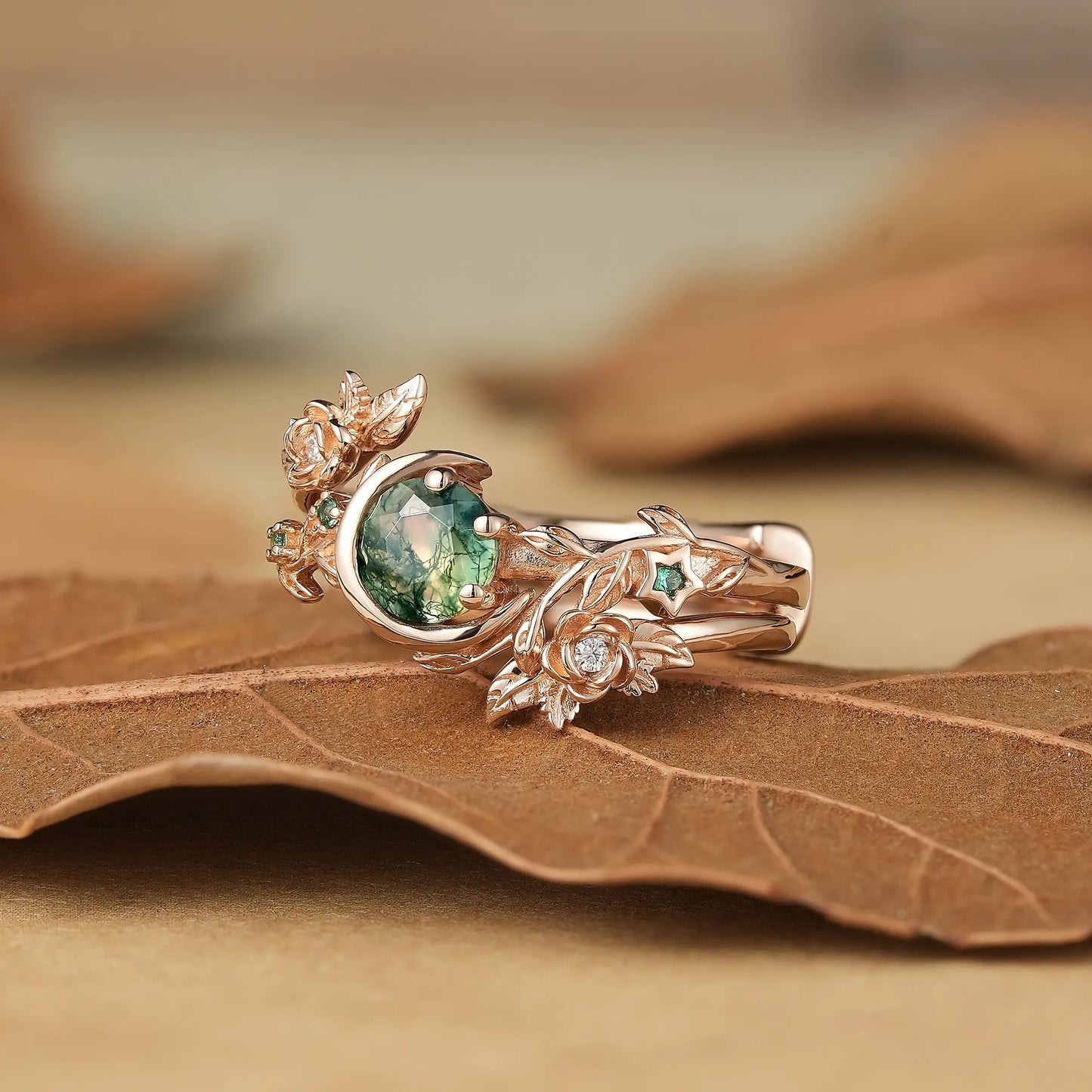 Moon Encircled Moss Agate Enhancer Ring Set