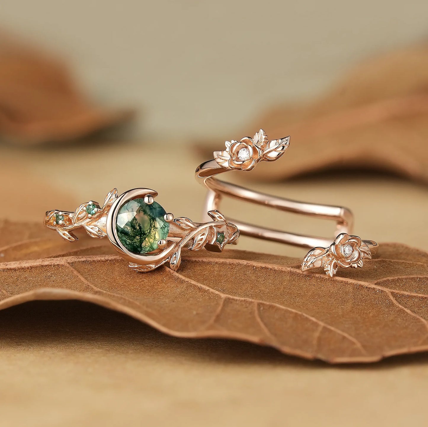 Moon Encircled Moss Agate Enhancer Ring Set