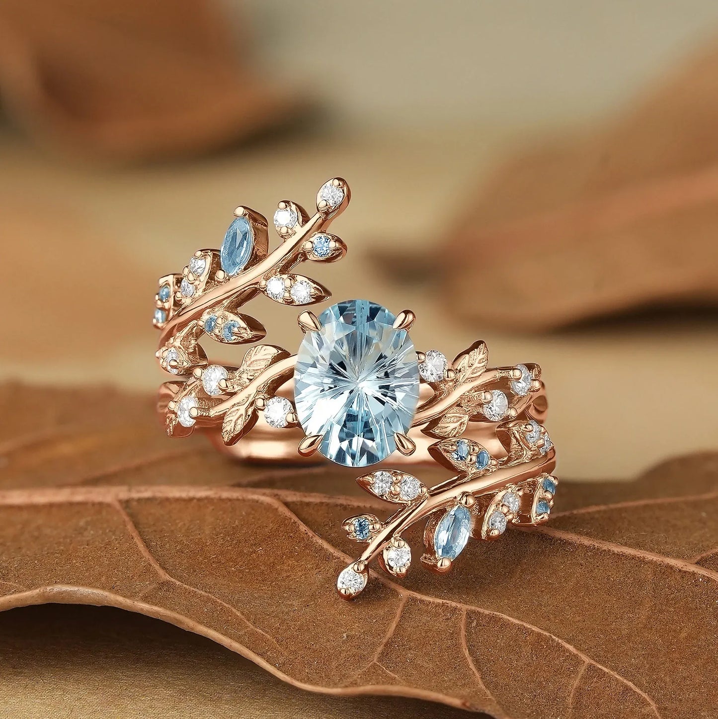 Sparkle Cut Lab Grown Aquamarine Cross Leaf Ehancer Ring Set