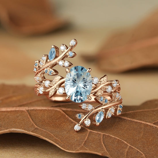 Aphrodite's Sparkle Cut Lab Grown Aquamarine Cross Leaf Ehancer Ring Set - Kira